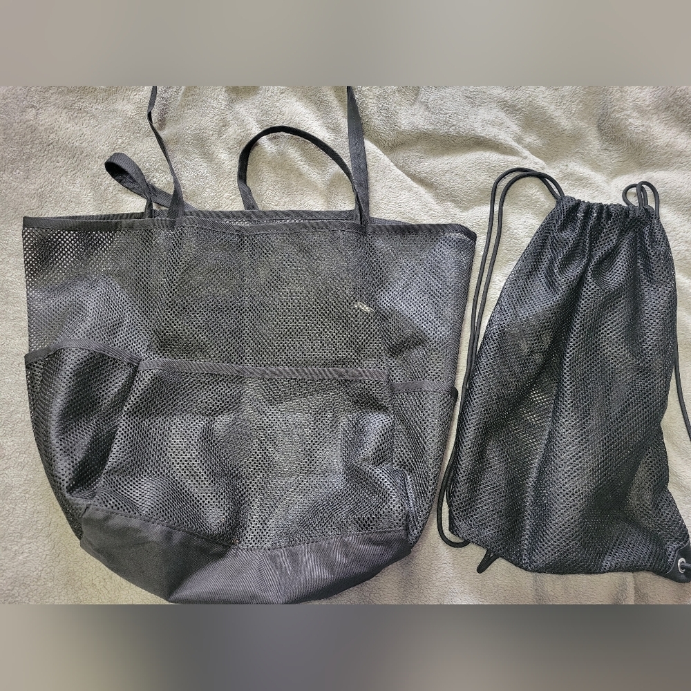 Black Mesh Tote and Drawstring Bag Set